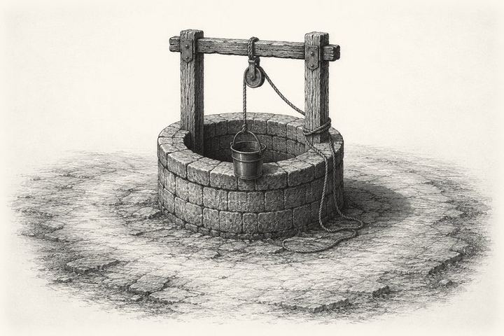 An engraving of a stone well with a bucket on a rope, the ground worn smooth by feet all around it