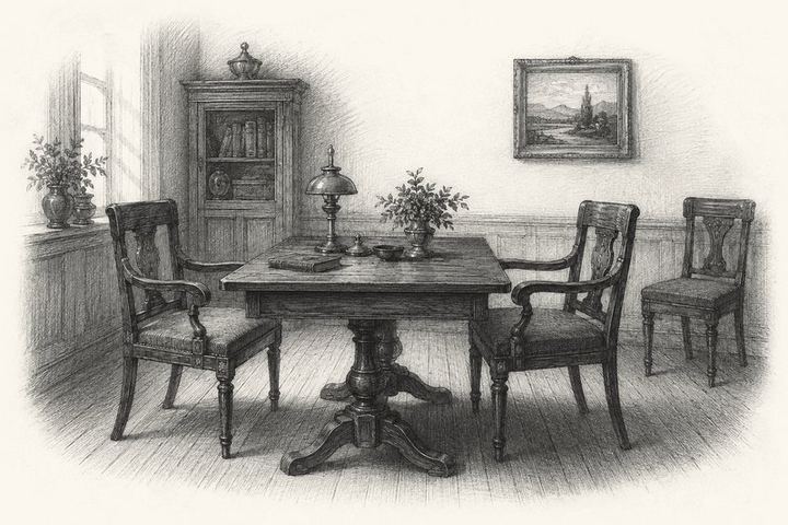 An engraving of a table with three chairs, two drawn up facing each other and a third set quietly at the side