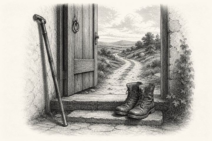 An engraving of a wooden walking staff leaning beside an open door, boots on the step, a road running away beyond