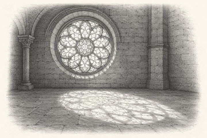 An engraving of a round stained-glass window casting its patterned light across a bare stone floor
