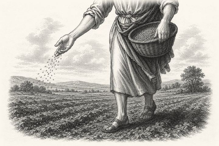 An engraving of a hand scattering seed across a bare field, a sowing basket held at the hip