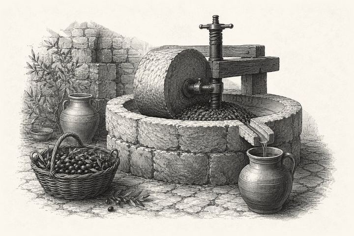 An engraving of a stone olive press with its wheel, a basket of olives beside it and a jar of oil beneath the spout