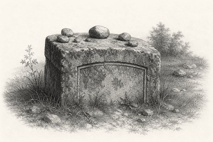 An engraving of a small stone set on the flat top of a weathered grave marker, other stones already resting there
