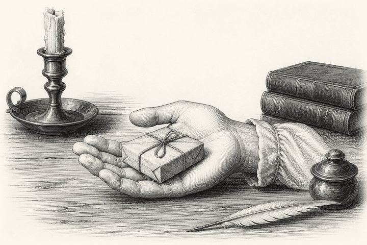 An engraving of an open hand turned palm upward on a table with a small wrapped parcel resting in it