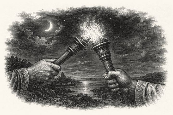 An engraving of one burning torch tilted to light a second torch held up to meet it, night around them