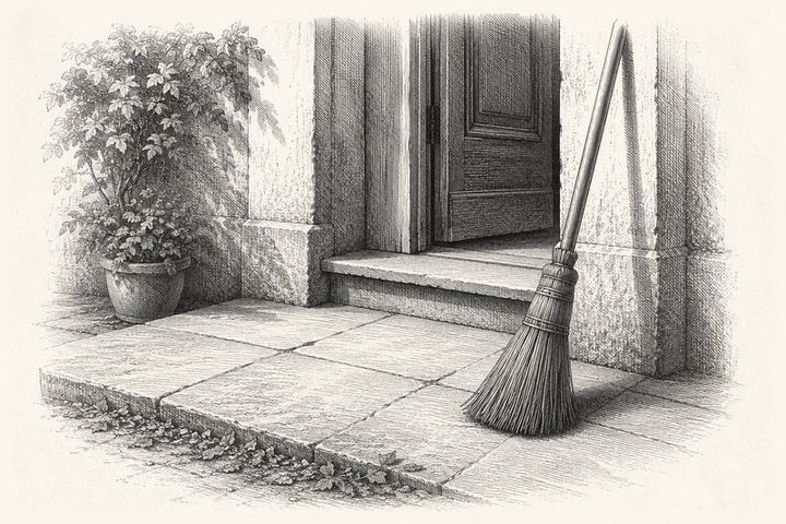 An engraving of a broom leaning against the frame of a swept doorstep, the stone clean, dust cleared to the edge