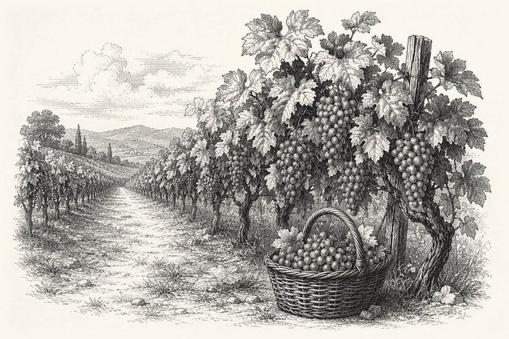 An engraving of a row of grapevines heavy with ripe clusters, a harvest basket set at the foot of the row