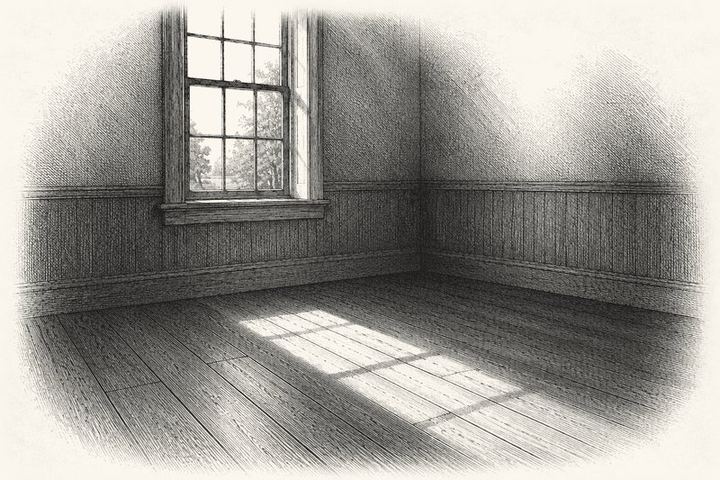 An engraving of low autumn light coming through a window and lying in a long band across a wooden floor