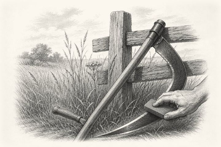 An engraving of a whetstone drawn along a scythe blade, the scythe leaning against a fence in tall grass