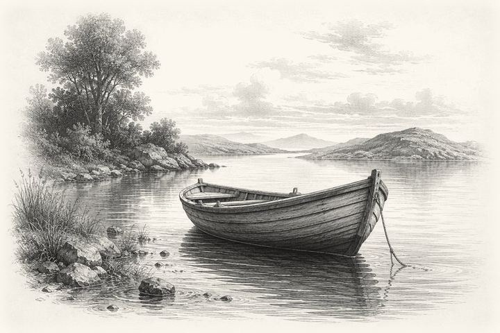 An engraving of a small wooden boat at the waterline showing its keel, calm water around it