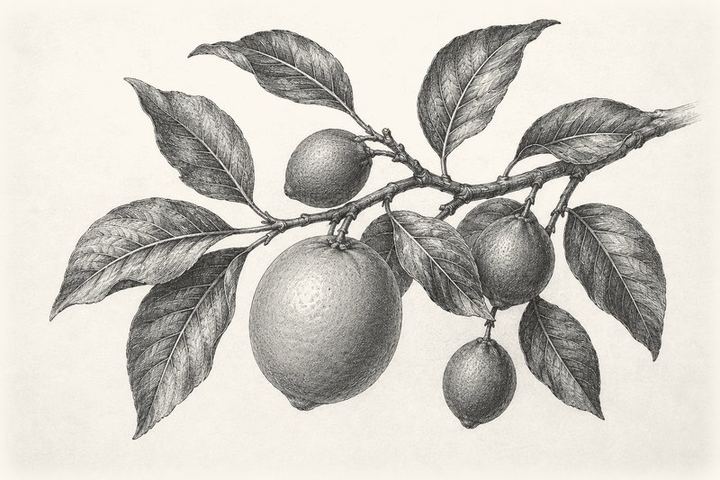 An engraving of one ripened fruit hanging on a branch while the fruit around it is still green