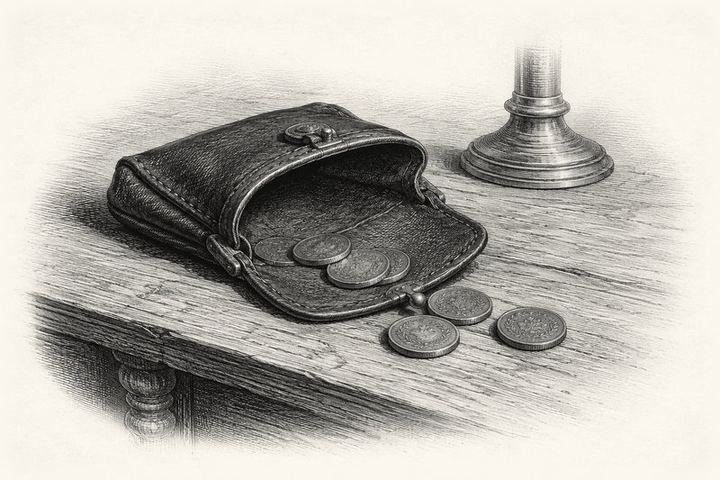 An engraving of a leather purse lying open on a table with a few coins spilled beside it