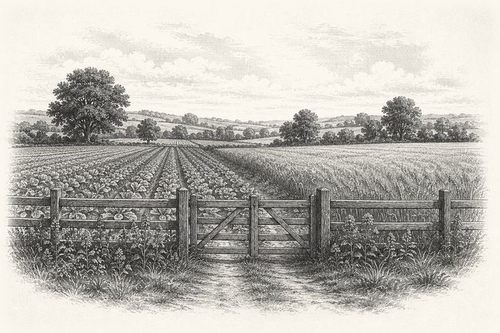 An engraving of a wooden fence running between two tended fields with a gate set in the middle of it