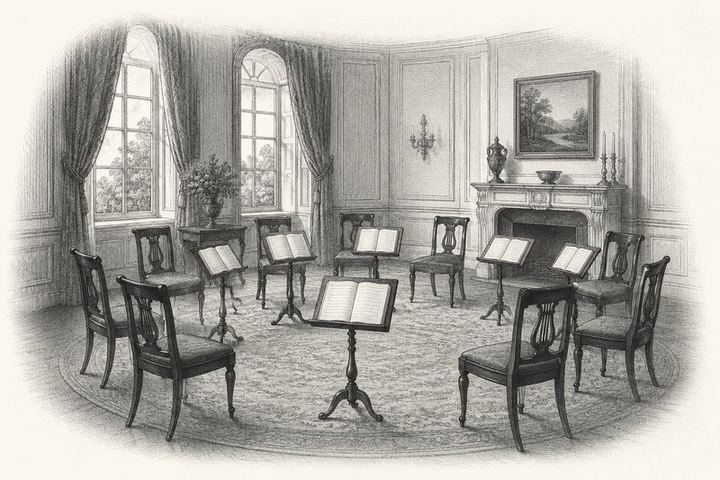 An engraving of a room with chairs set in a circle and open songbooks resting on a stand