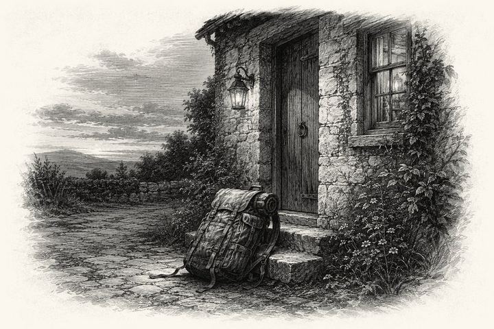 An engraving of a heavy pack set down on a doorstep at dusk, the straps loose, a lit window above