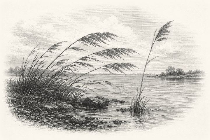 An engraving of reeds at the water's edge bending far over in the wind, one already straightening