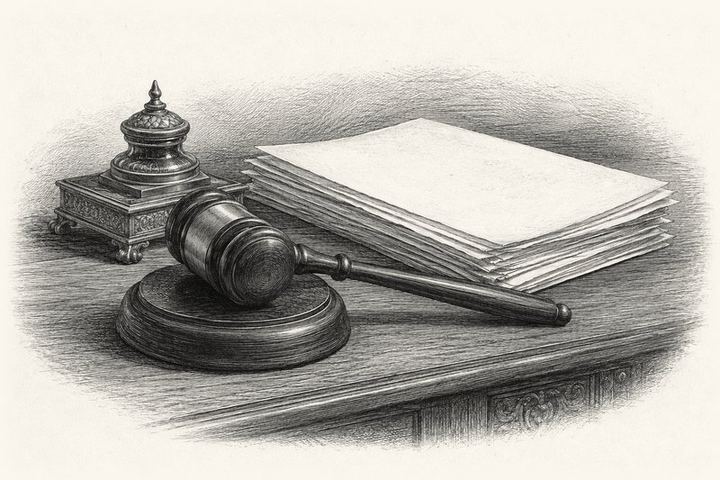 An engraving of a wooden gavel resting unstruck on its block beside a stack of papers