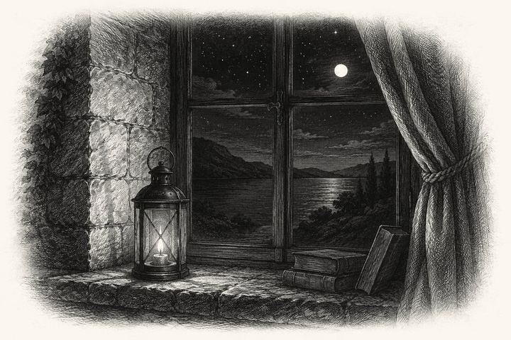 An engraving of a small lantern burning on a windowsill through a long dark night