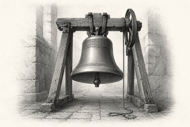 An engraving of a large bell hanging still in its frame, the rope hanging slack and untouched