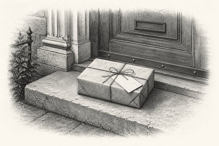 An engraving of a wrapped parcel left on a stone doorstep with a blank card tucked under the string