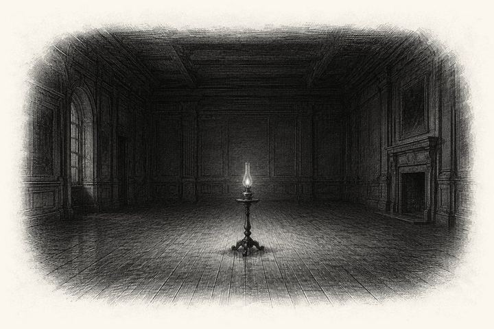 An engraving of a single small flame in a lamp standing in a wide dark room
