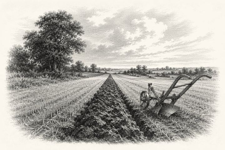 An engraving of a plowed furrow running straight to the far end of a field, the plow standing at rest