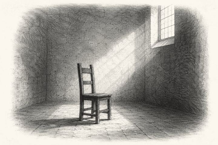An engraving of a plain straight-backed wooden chair standing alone in an empty room, light from a high window