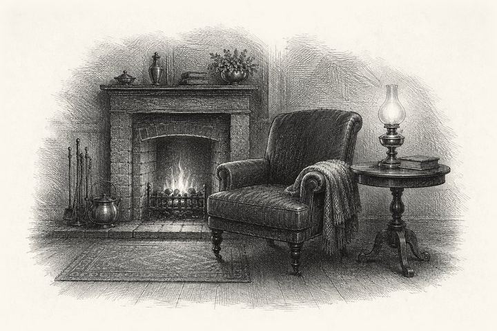 An engraving of a single chair drawn close to a low fire with a lamp on the table beside it