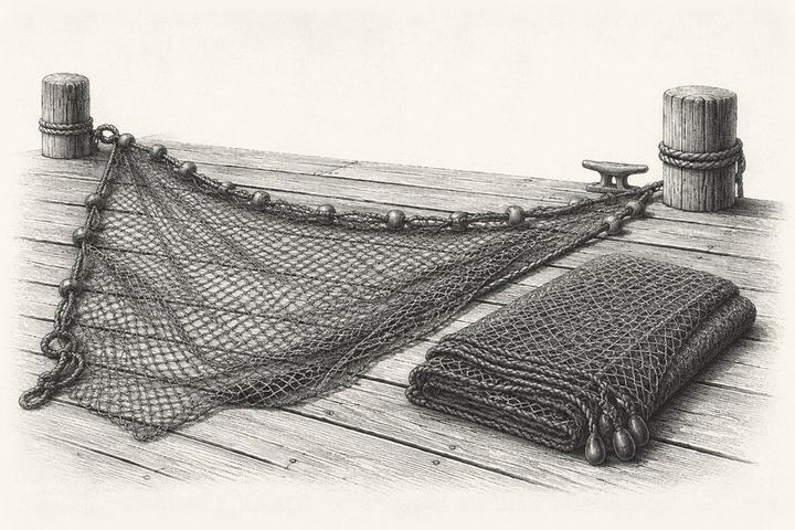 An engraving of a fishing net spread wide open across a dock, a folded net lying beside it