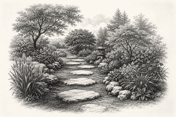 An engraving of a garden path of stepping stones set well apart, leading between beds at an unhurried spacing