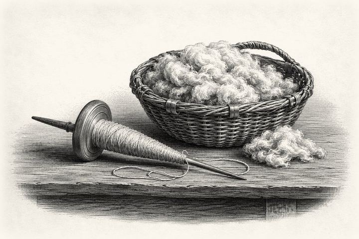 An engraving of a spindle wound with spun thread beside a basket of raw wool on a table