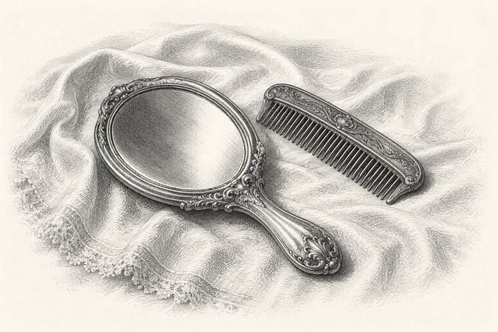 An engraving of a hand mirror and a comb lying on a cloth in cool silver light