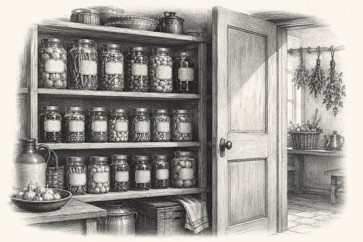 An engraving of a larder shelf lined with sealed and labeled jars, the door standing open
