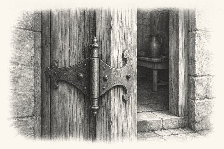 An engraving of an old iron door hinge worn bright with use, the door standing half open on it