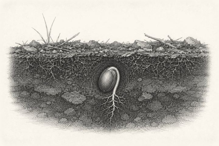 An engraving of a seed resting in dark soil shown in cross-section, the ground above it bare