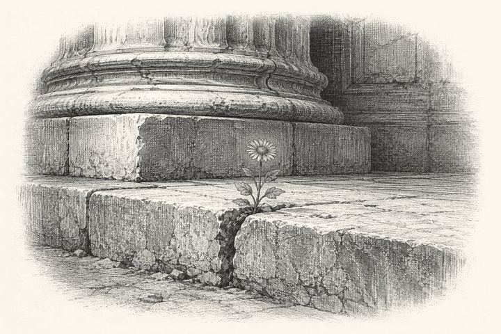 An engraving of a heavy solemn stone temple step with a small wildflower growing out of a crack in it