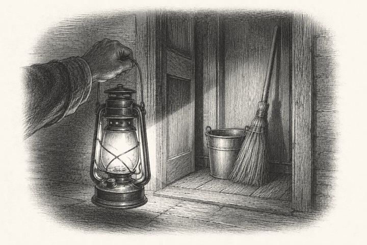 An engraving of a lantern held toward a doorway, lighting a plain broom and bucket left standing there