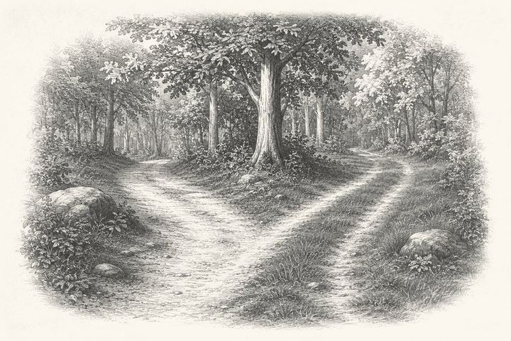 An engraving of two paths dividing in a wood, one worn bare and the other still grassed over