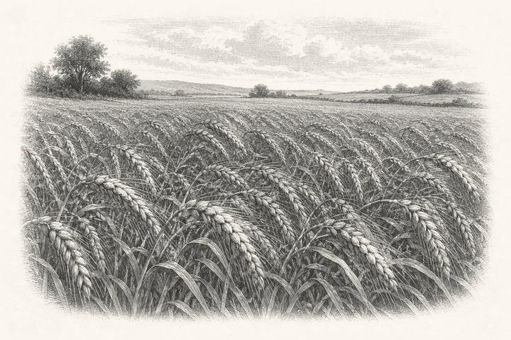 An engraving of a field of wheat stalks bowed low under the weight of their own ripe grain
