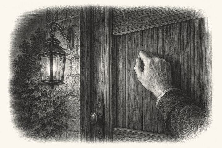 An engraving of a wooden door at night with a lantern hanging beside it and a hand raised to knock