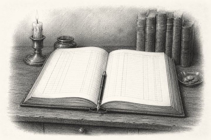 An engraving of an open ledger on a table in level evening light, a pen resting in the gutter