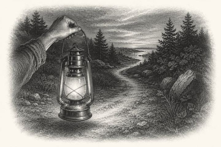 An engraving of a single lit lantern held out at dusk, the path ahead just visible in its circle of light