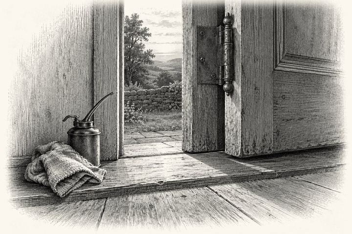 An engraving of a door standing half open on a worn iron hinge, a small oil can and a folded rag on the sill beside it, evening light through the gap