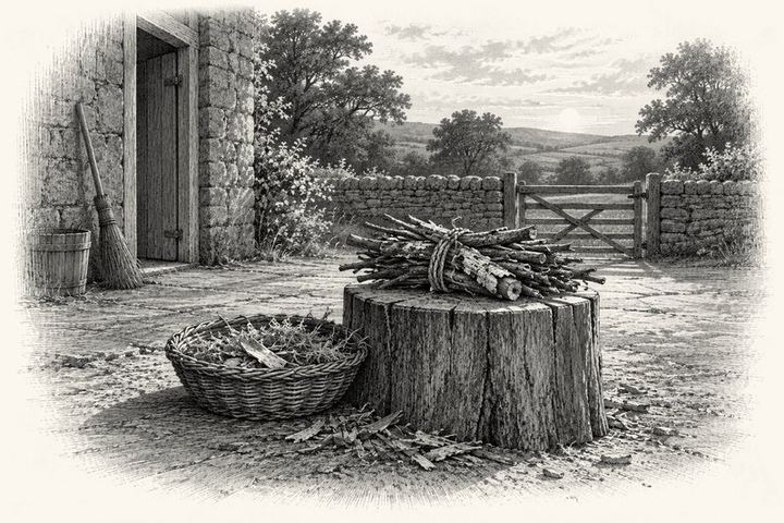 An engraving of a bundle of dry twigs and bark tied with cord on a chopping block in a swept farmyard, a shallow basket of tinder beside it, low afternoon sun