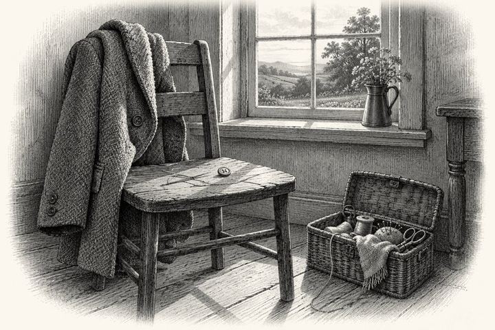 An engraving of a wool coat laid across a chair back beneath a bright window, a needle threaded and a loose button on the seat, mending basket open on the floor