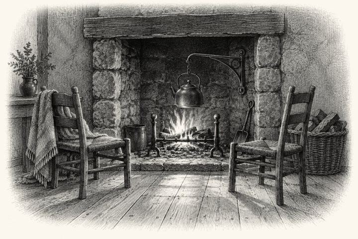An engraving of a stone hearth with a low fire and a kettle on its crane, two plain chairs drawn close, a basket of split wood, firelight across the floorboards