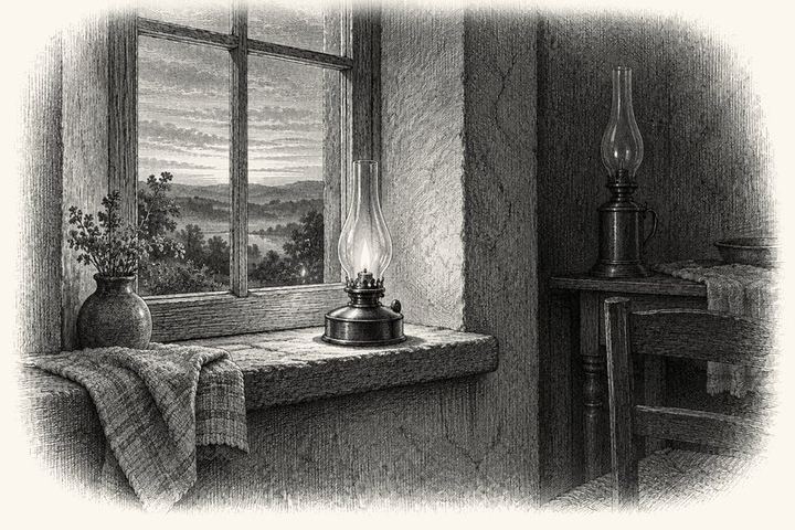 An engraving of an oil lamp trimmed low on a deep windowsill before dawn, its small clean flame steady, a tall lamp standing dark and cold on the table behind