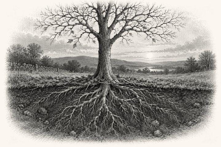 An engraving of a bare tree in a field with the earth cut away in cross section to show its roots spreading through dark soil, fallen leaves above, low daylight