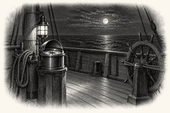 An engraving of a ship's binnacle compass lit by a shielded lantern on an empty deck at midnight, the wheel lashed steady, dark open water beyond the rail