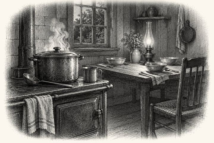 An engraving of a heavy pot steaming on a kitchen range beside a ladle and a cup of water, a plain table set with bowls and one empty chair, lamplight